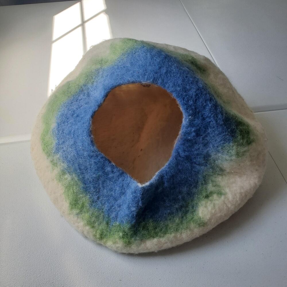 Felted Wool Cat Cave Bed 100% Wool Blue Green Cream Cozy Multicolor Nepal Cat